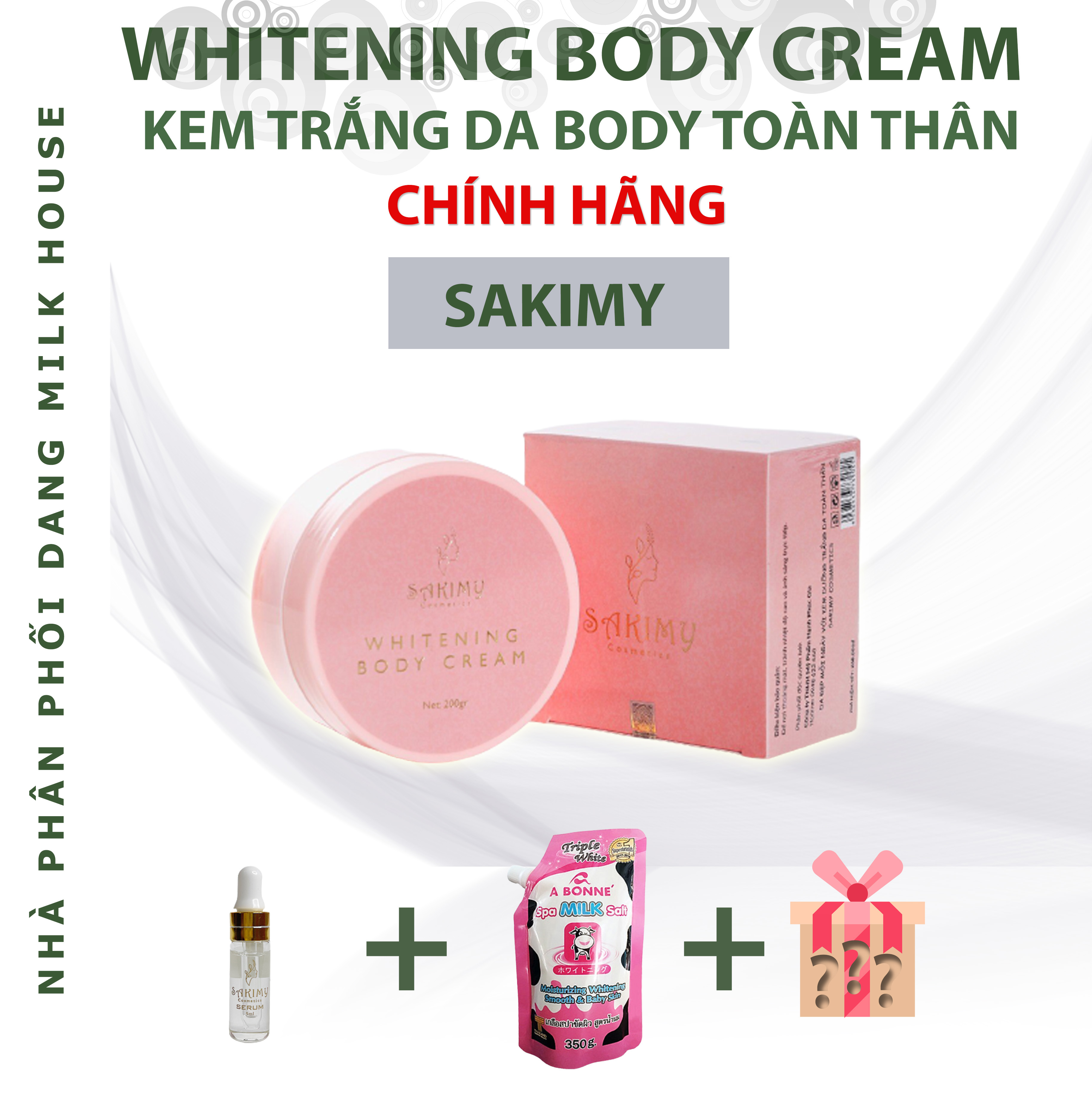 Kem Trắng Da BODY SAKIMY 200g cream  - Hiệu Quả Dưỡng Trắng Nhanh - Dưỡng Ẩm Sâu - Chống Lão Hóa - Có Thành Phần Chống Nắng Bảo Vệ Da Khỏi Tia UV - Tặng Kèm chai serum kích trắng SAKIMY (chính hãng) + muối tắm CON BÒ Thái Lan