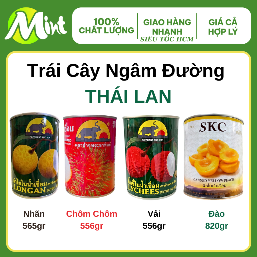 Đào, Vải, Nhãn, Chôm chôm Thái Lan Ngâm Đường ( con voi, skc ). Shop Mint Mint