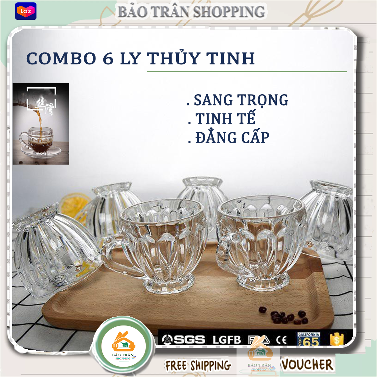 [LY SANG ĐẸP _PL] Bộ 6 Ly Thủy Tinh Có Quai Uống Trà. Bộ ly uống trà/Bộ 6 Ly Thủy Tinh Bầu Lùn Uống Trà - Bô 6 ly - Ly thủy tinh - Bộ ly thủy tinh uống nước để bàn - Set ly thuỷ tinh uống trà cao cấp