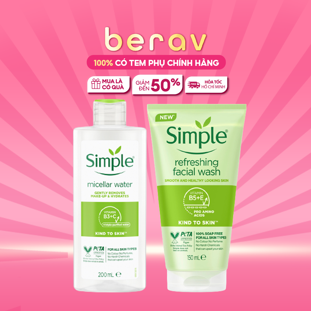 [XL] Combo SIMPLE Nước Tẩy Trang Micellar Water 200ml + Sữa Rửa Mặt Dịu Nhẹ Refreshing Facial Wash 150ml