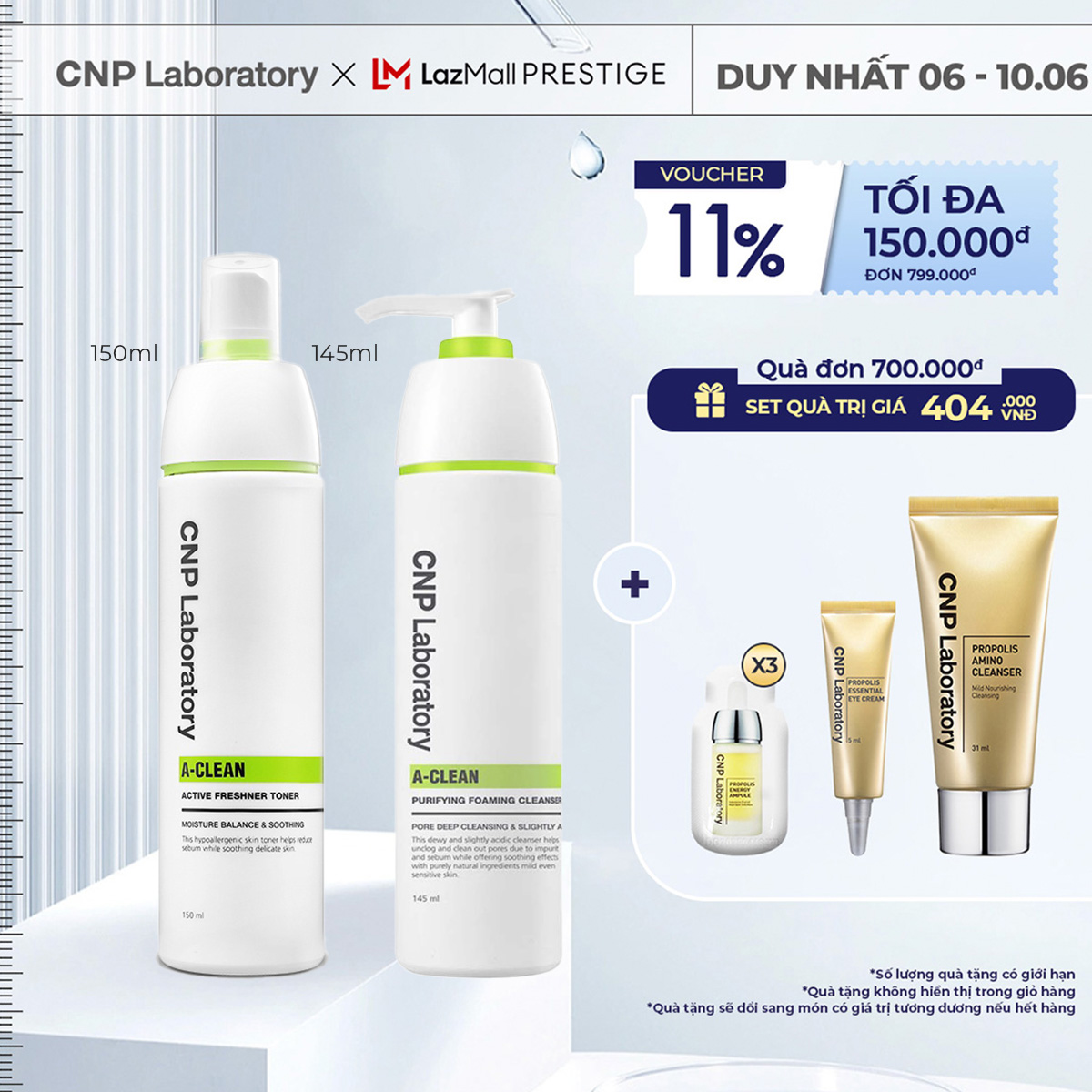 Combo Ngừa mụn Nước cân bằng không cồn dạng xịt CNP Laboratory A-Clean Active Freshner Toner 150ml và Sữa rửa mặt CNP Laboratory A-Clean Purifying Foaming Cleanser 145ml