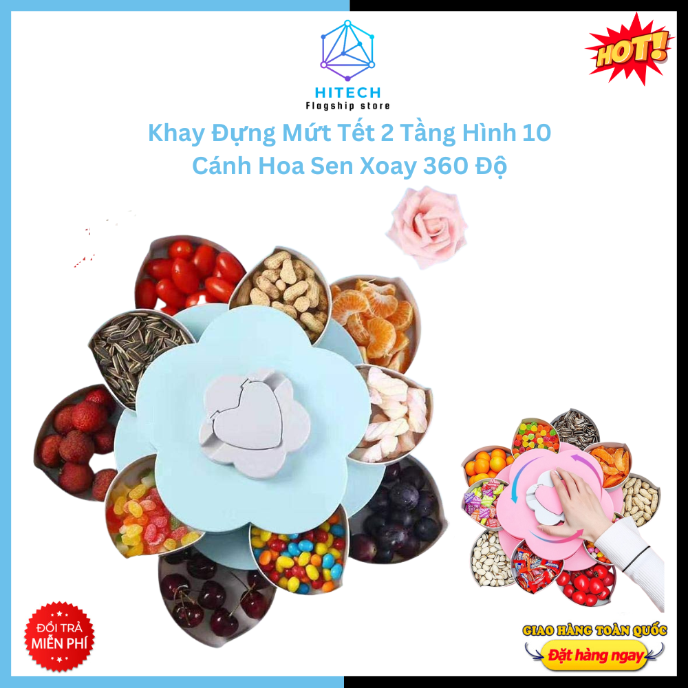 Hộp mứt xoay , khay đựng mứt tết bánh kẹo màu hồng 2 tầng 10 cánh sen xoay khay đựng mứt tết 2 tầng hình 10 cánh hoa sen xoay 360 độ , hộp đựng mứt tết có giá để điện thoại tiện lợi