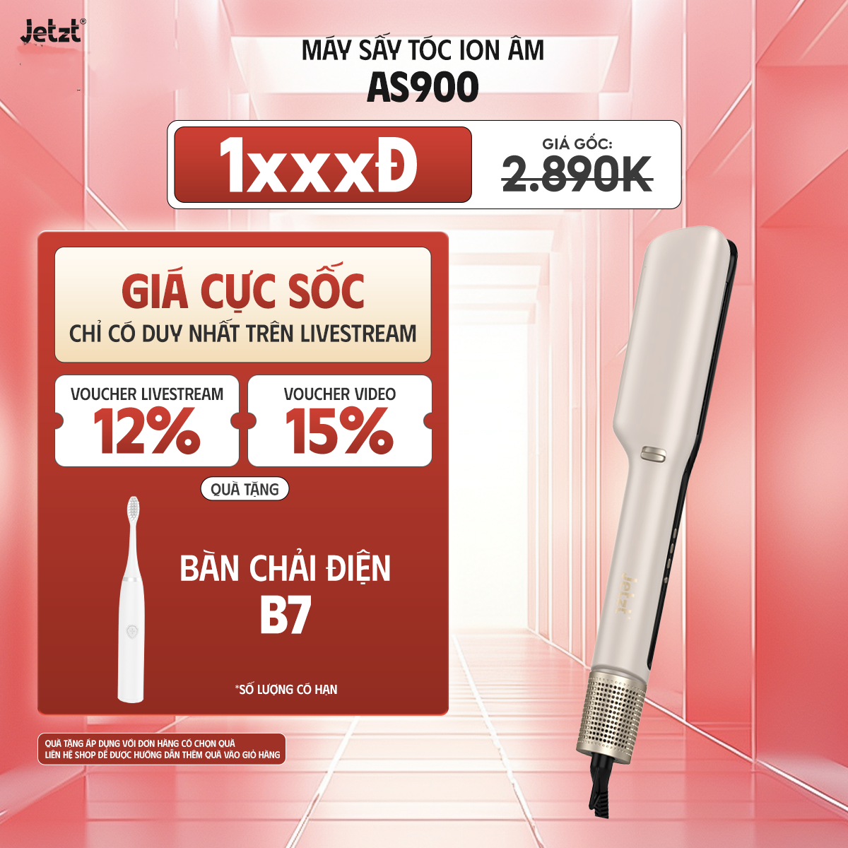 Máy sấy duỗi tóc 2in1 Jetzt AS900, 6 chế độ nhiệt, tạo kiểu sấy khô đa năng
