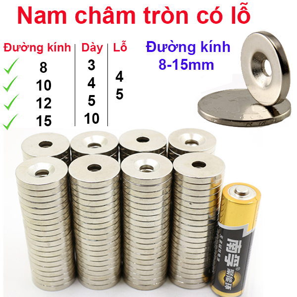 (1 Viên) Nam châm đất hiếm tròn có lỗ đường kính 8-15mm