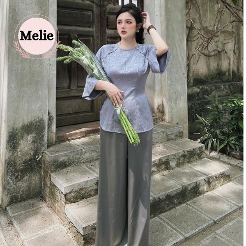 Đồ lam đi chùa cổ tròn cúc ngọc Pháp phục đi lễ Bộ bà ba cách tân chất liệu lụa cao cấp