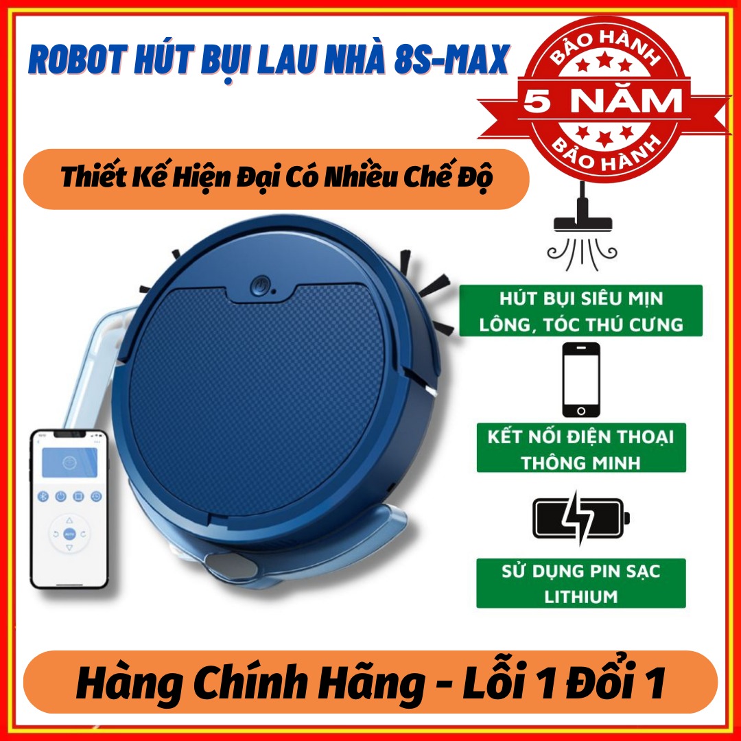 Robot hút bụi lau nhà 8S MAX Lau khô ướt Hộp nước riêng Cảm biến chống rơi Làm việc theo sơ đồ Lực hút cực mạnh Bảo hành 1 đổi 1