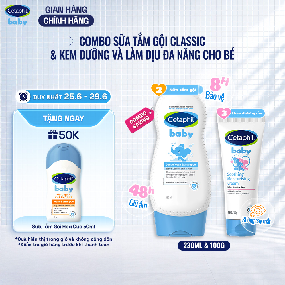 Combo 2 bước Sữa tắm gội dịu lành 230ml + Kem dưỡng ẩm làm dịu đa năng Cetaphil Baby 100Gr