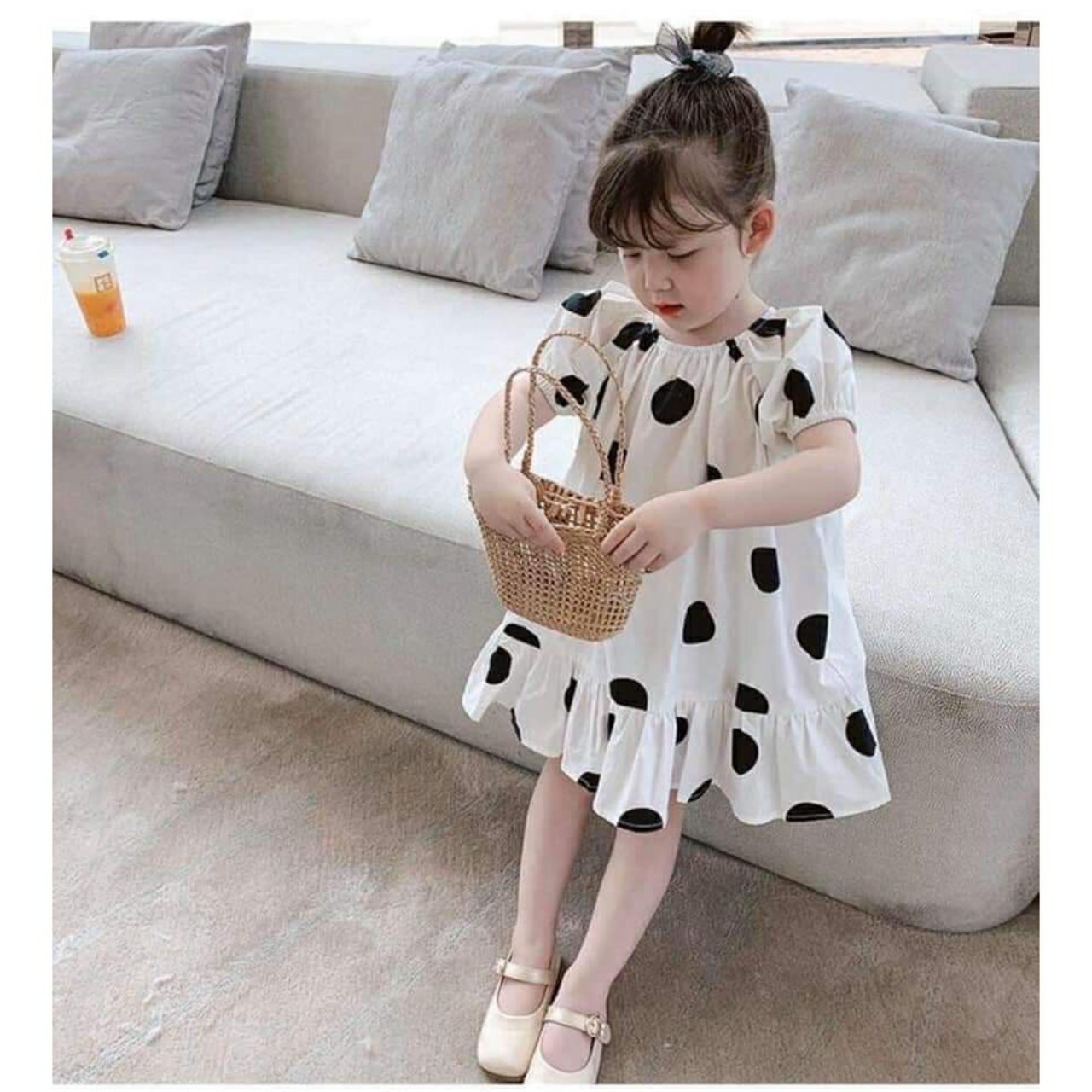 Váy bé gái baby doll, váy chấm bi nơ lưng vs006, đần bé gái từ 9 đến 18kg