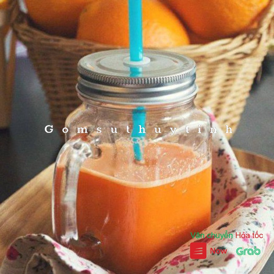 Ly Thủy Tinh/ Cốc thủy tinh có quai đựng nước ép, sữa hạt, detox 450ml