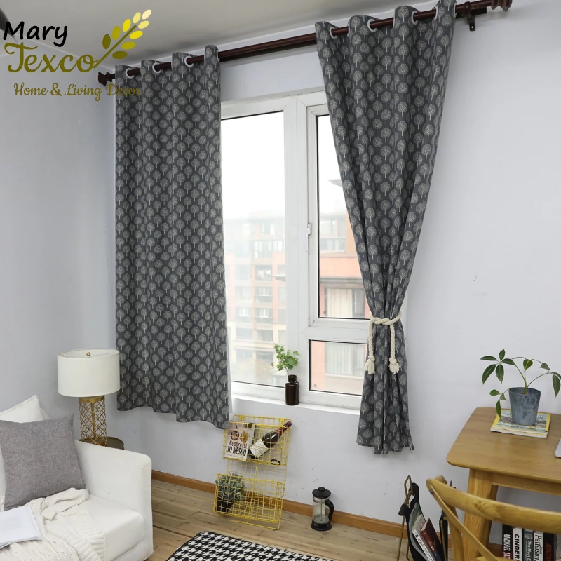 Rèm cửa Mary Texco vải bố linen trang trí nhà cửa cực đẹp, giá tốt, hoàn thiện đục lỗ ô rê, ốp khoen nhựa trắng D45 mm - họa tiết Cây xám -R-A06