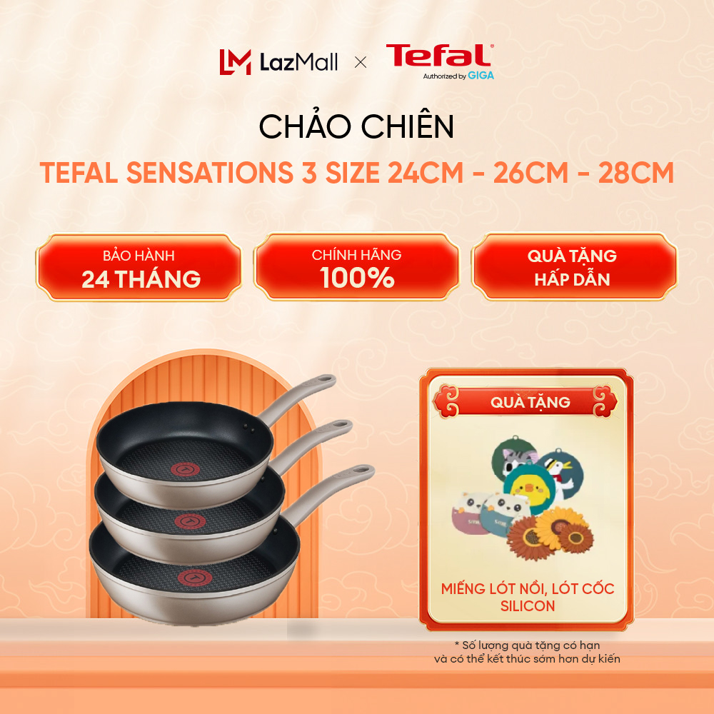 Chảo chiên tefal sensations 3 size 24cm h9100414 / 26cm h9100514/ 28cm h9100614 - chống dính titanium - điểm báo nhiệt