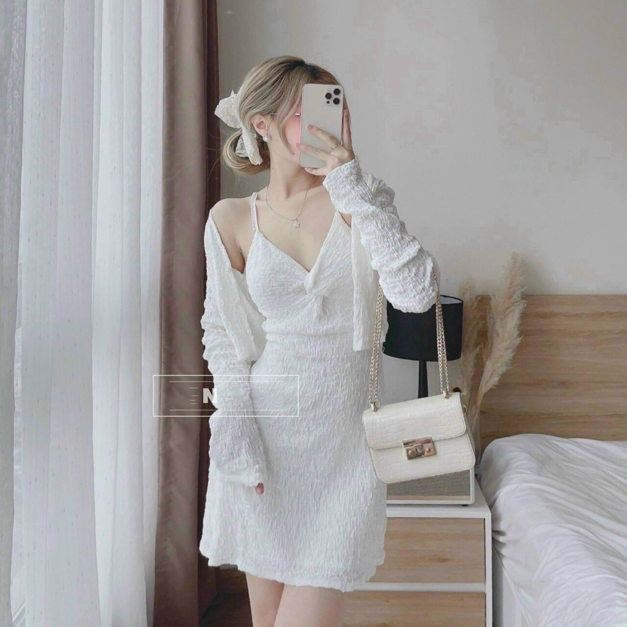 Váy nữ dự tiệc sang trọng đầm xốp xoắn ngực kèm áo khoác sành điệu xinh xắn Yoomi