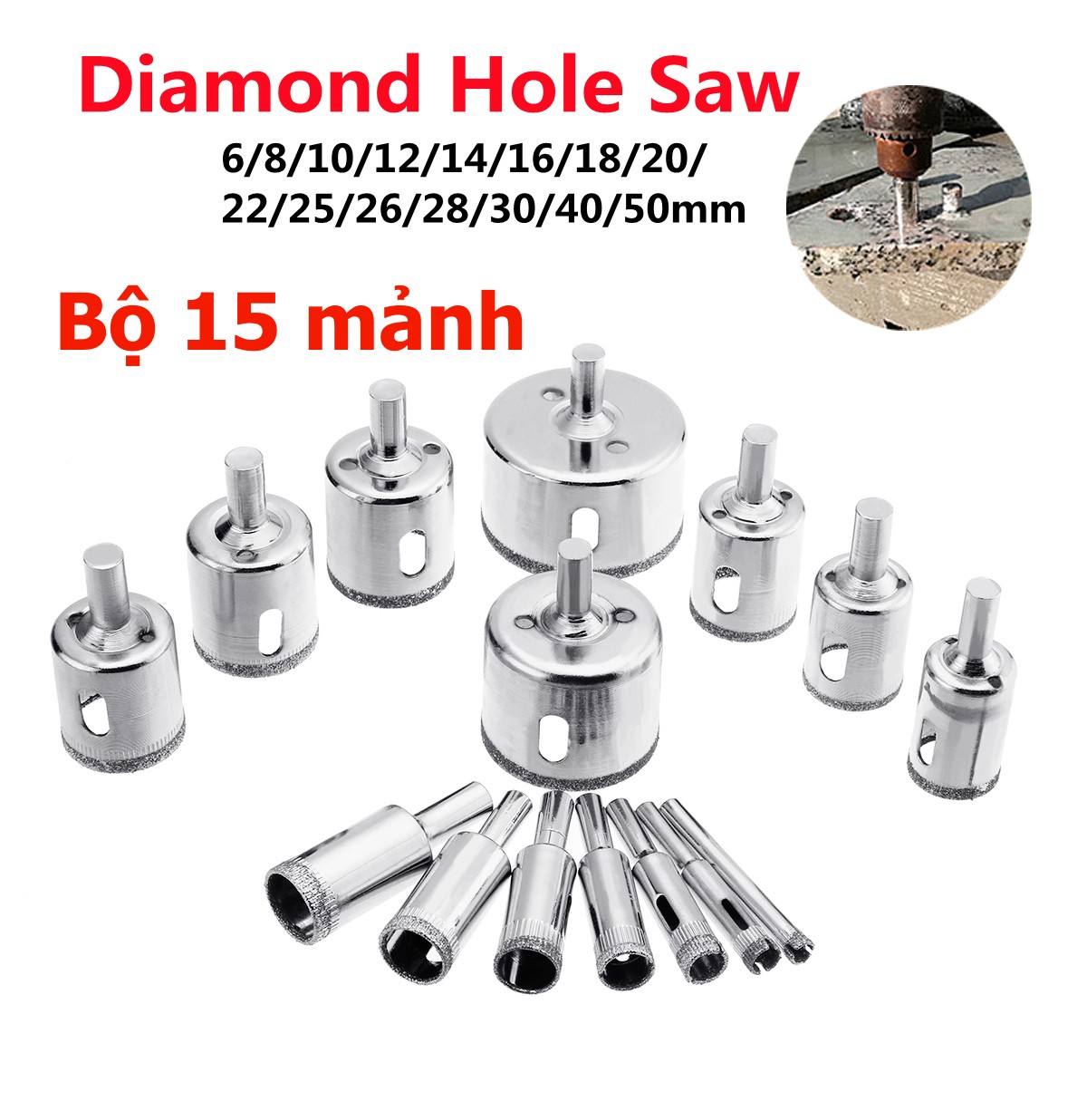 Bộ 15 mũi khoan kính khoan đá gạch tiện dụng phi 6 đến 50mm