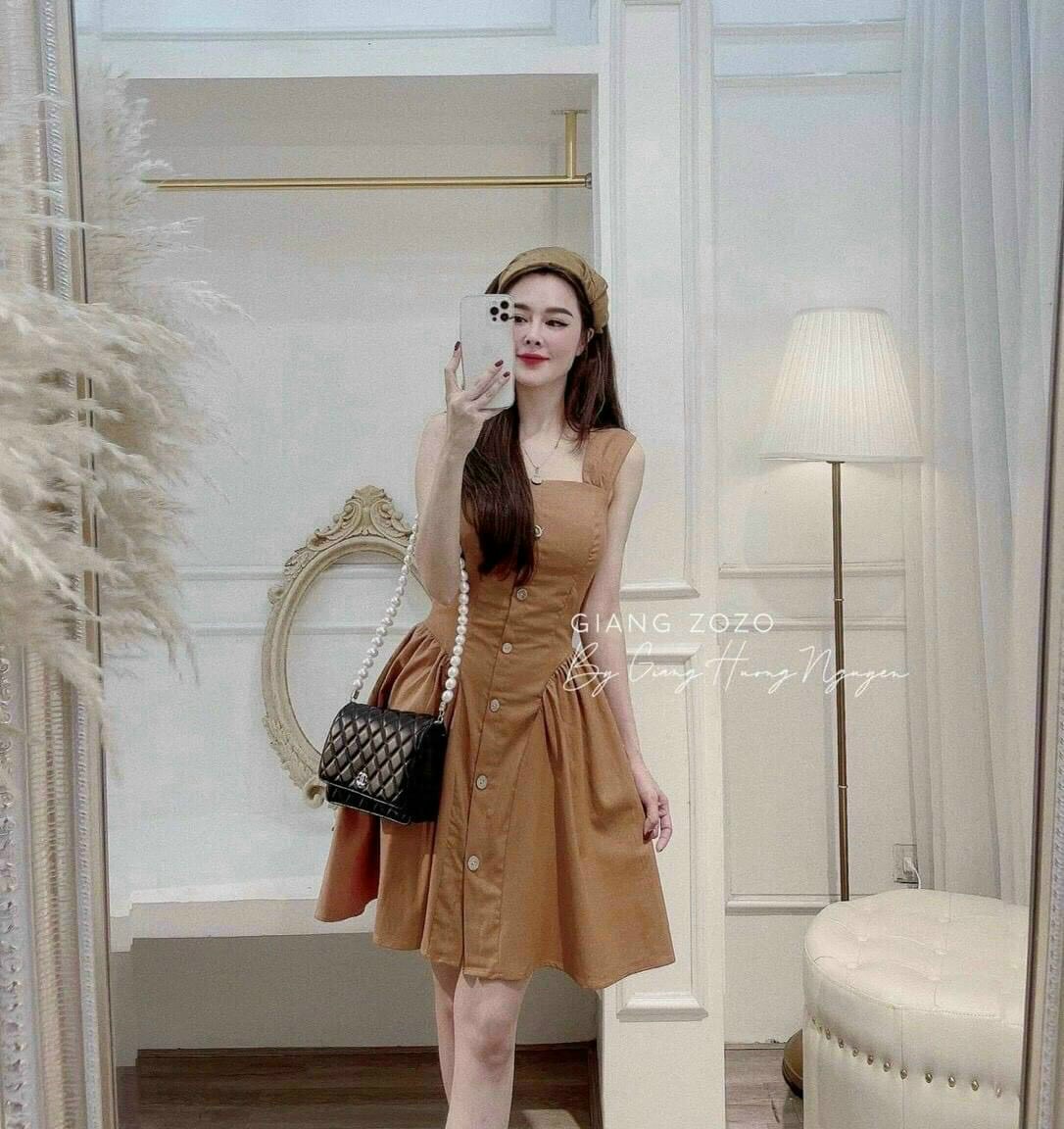 Đầm tiểu thư cánh tiên đính nút, đầm xoè, đầm cổ vuông, váy nữ chiết eo dáng xoè xinh xắn