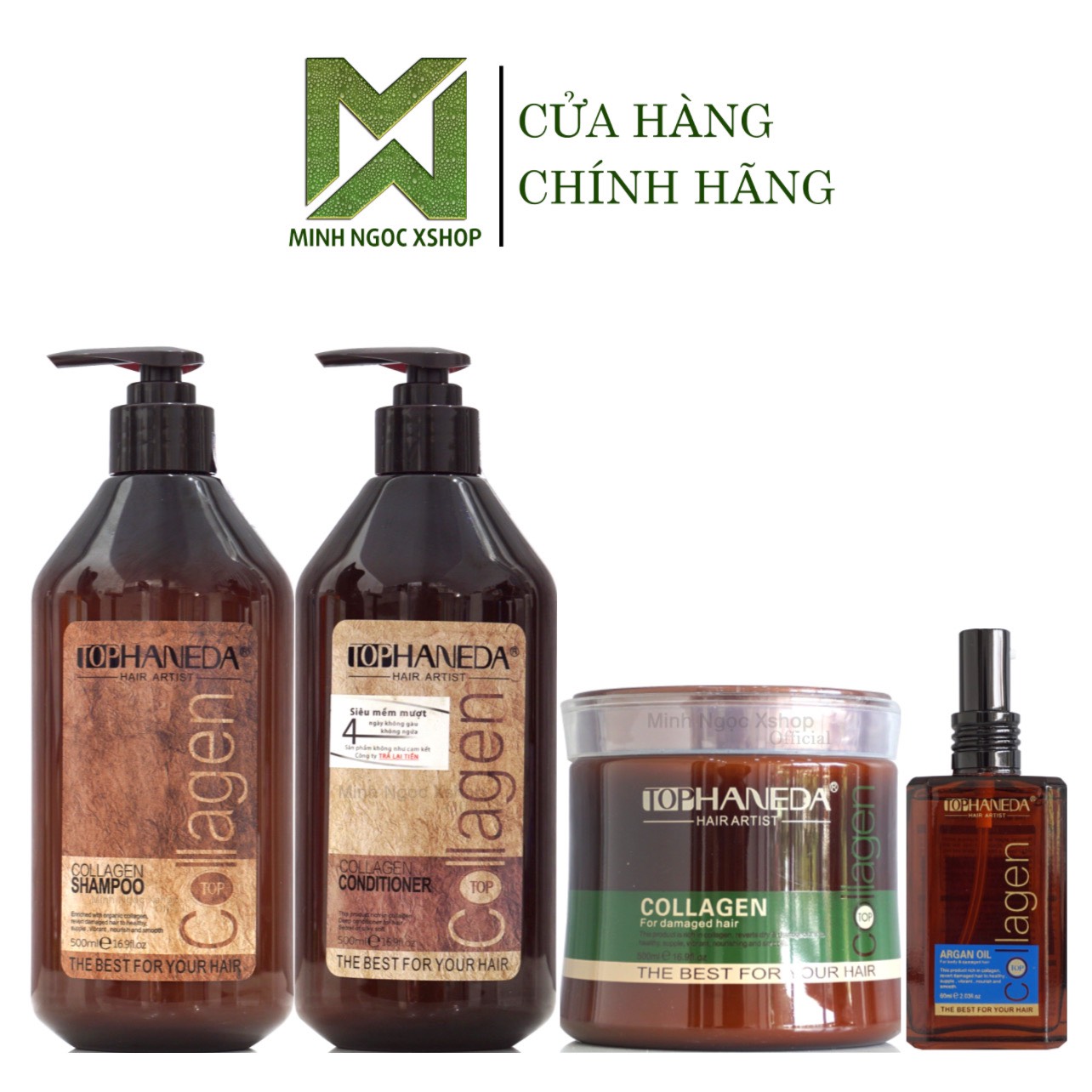 Dầu gội xả, kem ủ tóc, tinh dầu phục hồi siêu mượt Top Haneda Collagen 60 / 785ml
