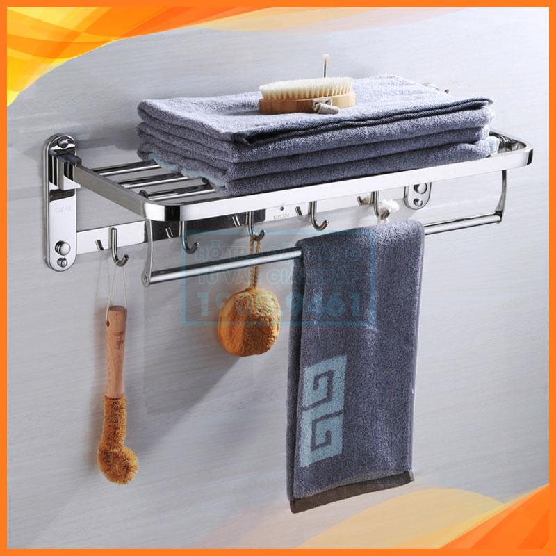 GIÁ KỆ ĐỂ ĐỒ PHÒNG TẮM KẾT HỢP TREO KHĂN INOX 304, KÈM MÓC ÁO 5 MÓC 9033