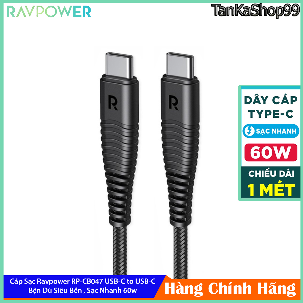 Dây cáp sạc nhanh usb type-c to type-c ravpower 1m rp-cb047