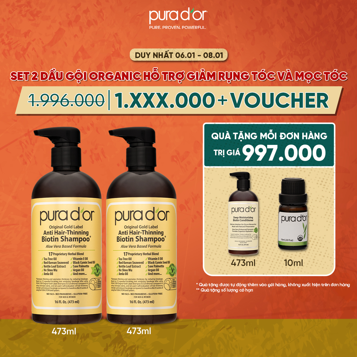 Dầu gội Biotin Original Gold Label 236ML/ 473ML - Thành Phần Organic, Ngăn Rụng Tóc, Phục Hồi Dưỡng Tóc PURA DOR