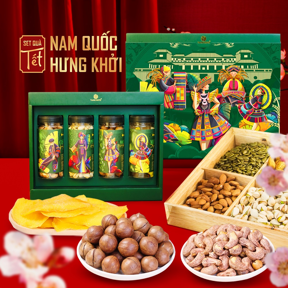 Hộp quà tết Nam Quốc Hưng Khởi TANU NUTS, set quà tặng tết hạt dinh dưỡng sang trọng