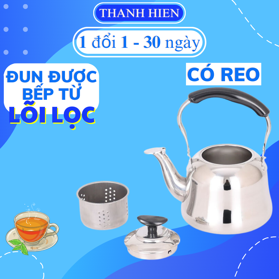 Bình đun nước lọc trà 1L inox 304 pha trà có lõi lọc , nấu được bếp từ có tay cầm cách nhiệt cao cấp