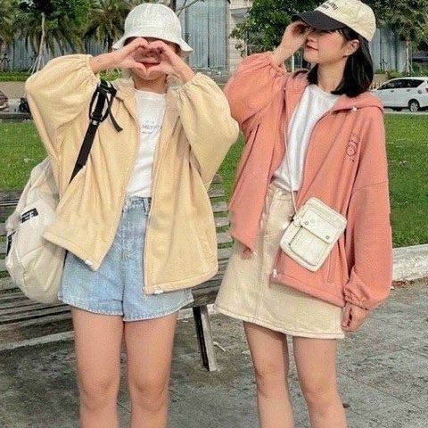 Áo khoác nữ - áo khoác trơn cánh dơi có dây rút vải nỉ ngoại bền đẹp in mặt gấu nhỏ