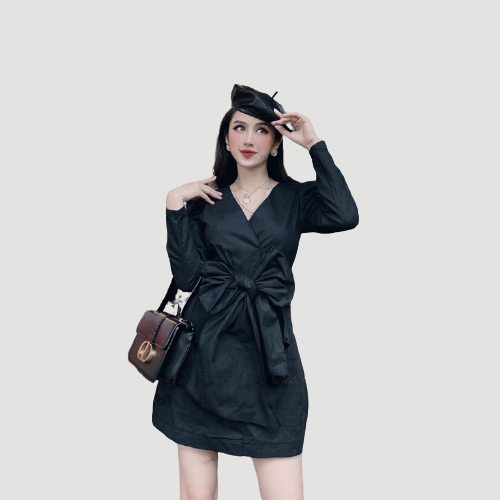 Đầm nữ suông thắt nơ tay dài cổ bẻ thời trang mới Đ92