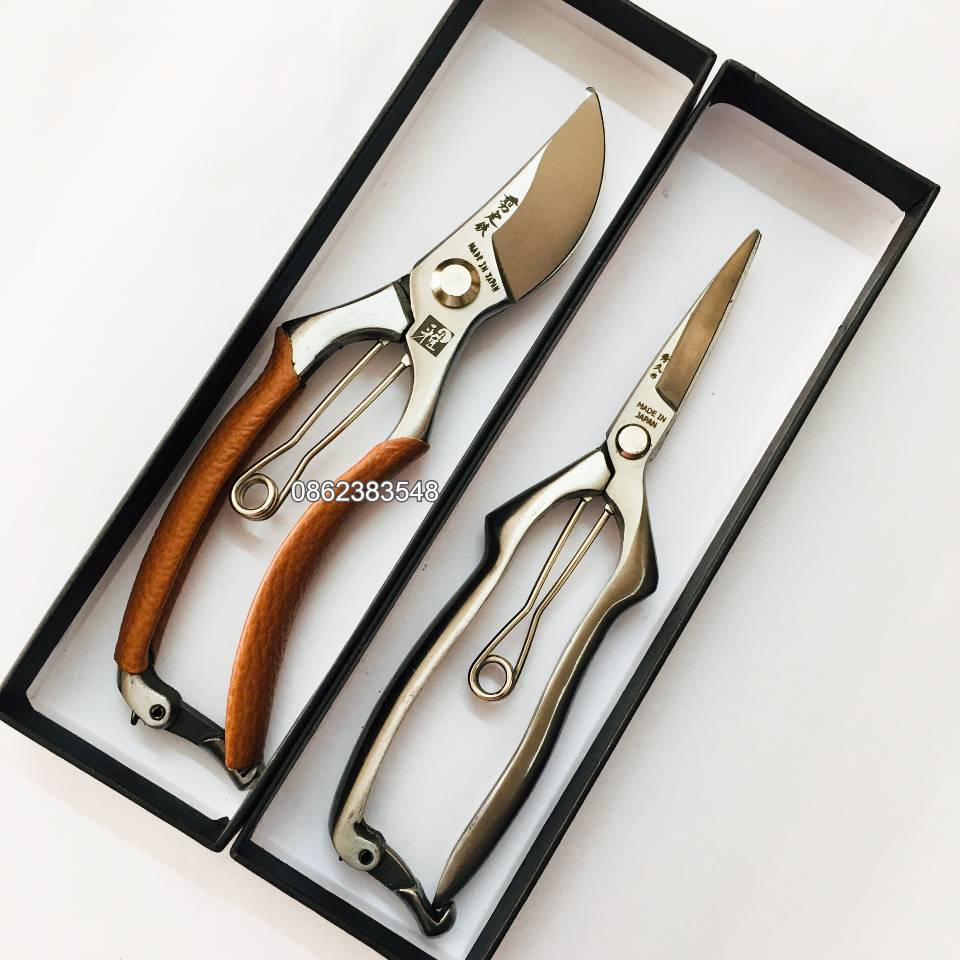 Bộ 2 Kéo cắt cành tỉa cành Nhật thép trắng nguyên khối chống gỉ, cán ốp da bò, cắt tỉa cành cây cảnh bonsai