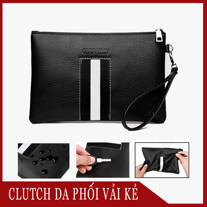 Clutch Túi Da Nam Cầm Tay Phối Vải Kẻ Đựng Ví, Điện Thoại, IPad, Clutch nam tiện lợi, thời trang