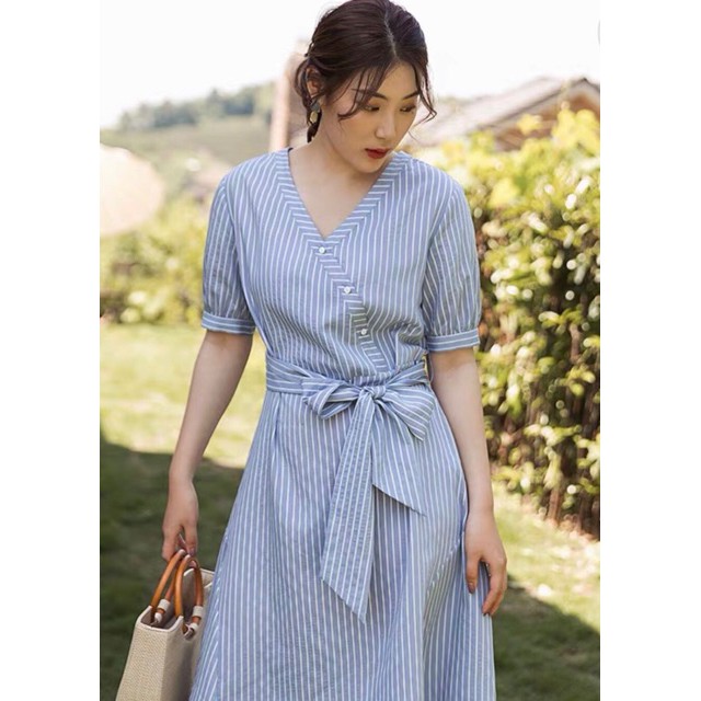 Đầm sọc xanh thắt eo v2