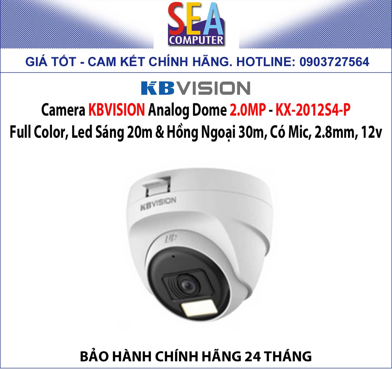 Camera KBVISION Analog Dome 2.0MP - Full Color, Led Sáng 20m & Hồng Ngoại 30m, Có Mic - KX-2012S4-P