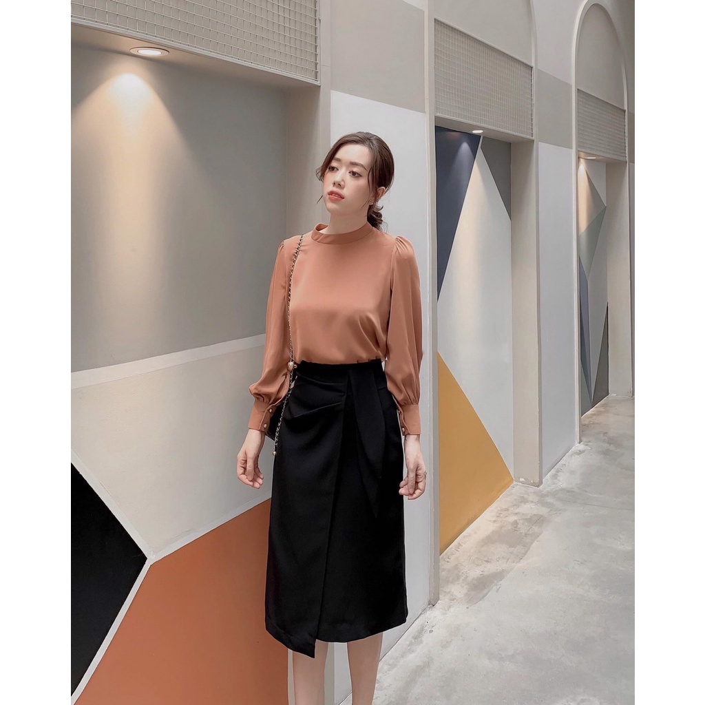 Chân váy Công Sở Suông Phối Tà Xếp Dáng Dài, Chân Váy Công Sở Suông Đắp Tà Xếp Ly Nơ Dài 68cm