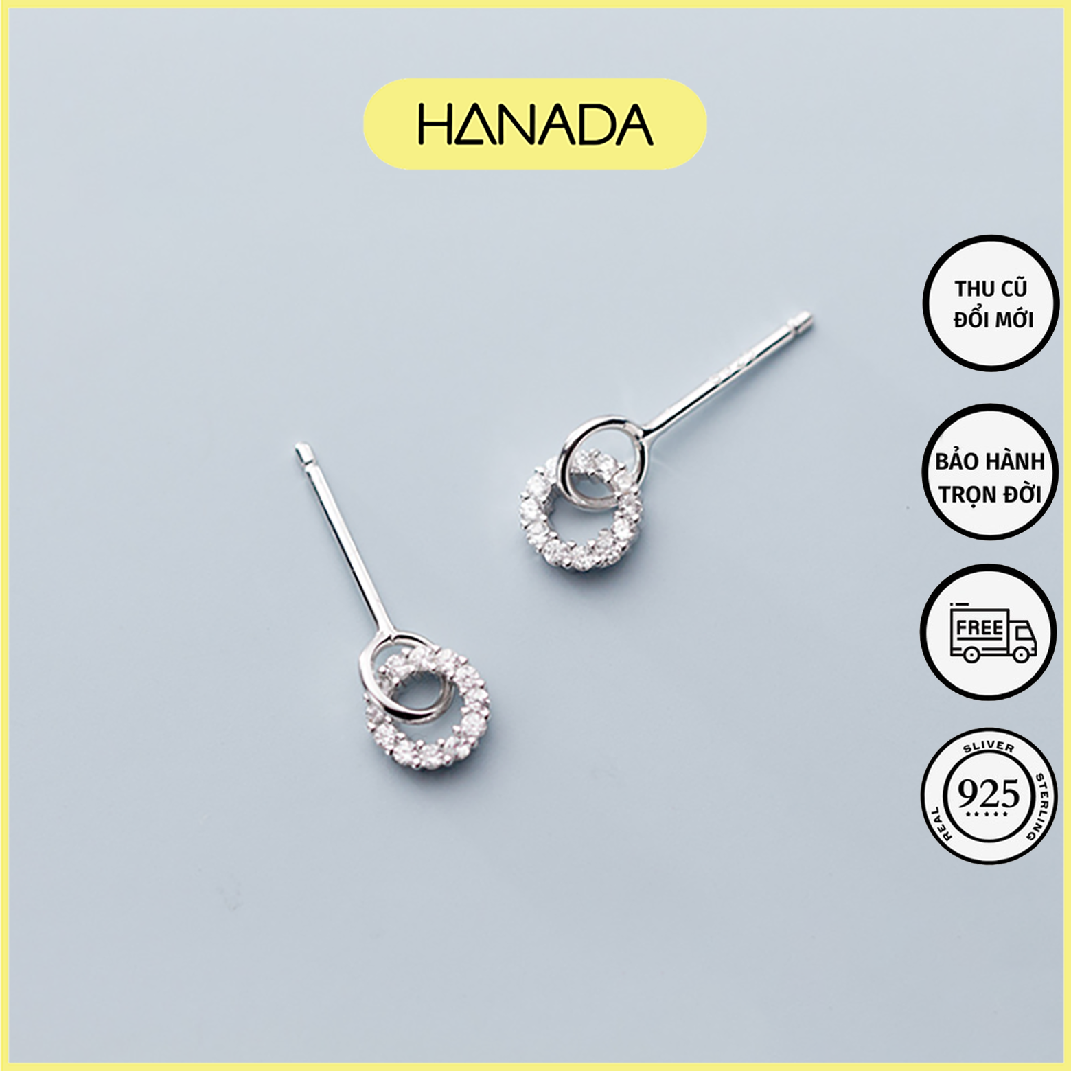 Bông tai bạc 925 hanada e.2.b.180.n12. 0356 tròn đá treo d12