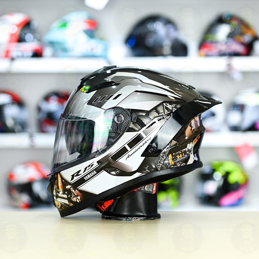Mũ fullface roc 08 đen nhám dán tem decal yamaha r15 xám - tặng khăn trùm ninja