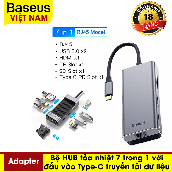 [BẢO HÀNH 12 THÁNG]  Bộ HUB tỏa nhiệt 7 trong 1 Baseus với đầu vào Type c truyền tải dữ liệu nhanh chóng cho Macbook Huawei Mate 20 Pro Samsung S9 S10