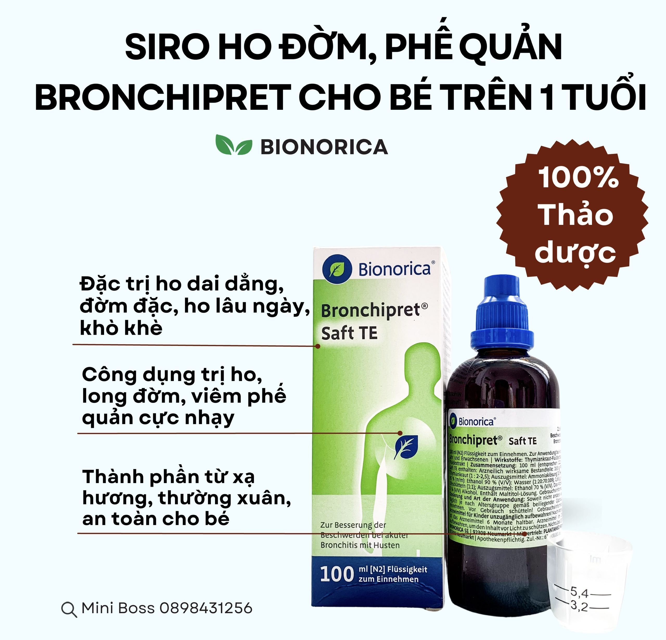 Siro ho đờm phế quản Bronchipret Saft TE Bionorica cho bé trên 1 tuổi - 100ML