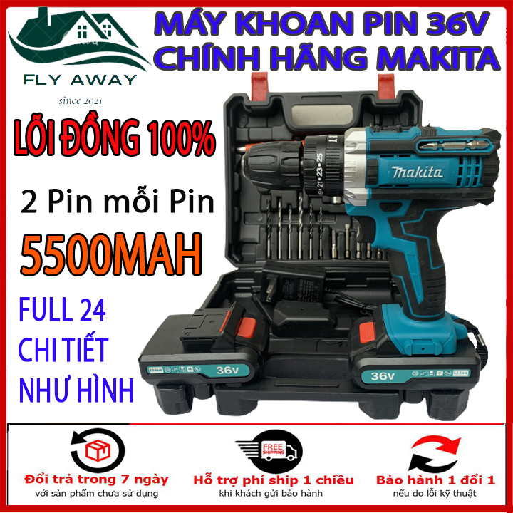 Máy khoan pin chính hãng Makita 36V 3 chức năng tặng kèm bộ phụ kiện 24 chi tiết. Bảo Hành 12 tháng.