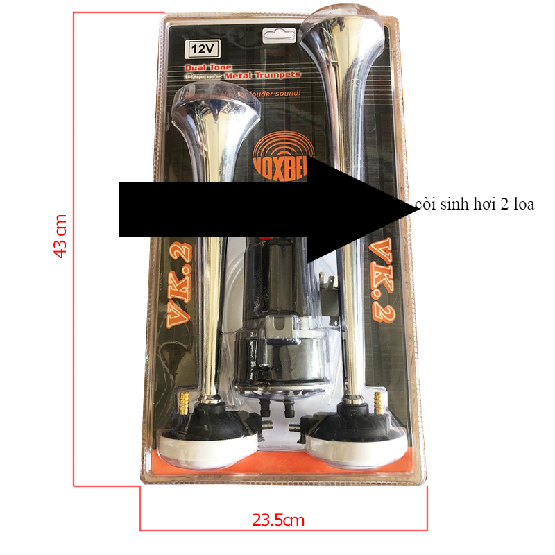 Còi sinh hơi, đảo loa 2 tiếng VoxBell Italia cao cấp sản xuất tại Đài Loan 24v