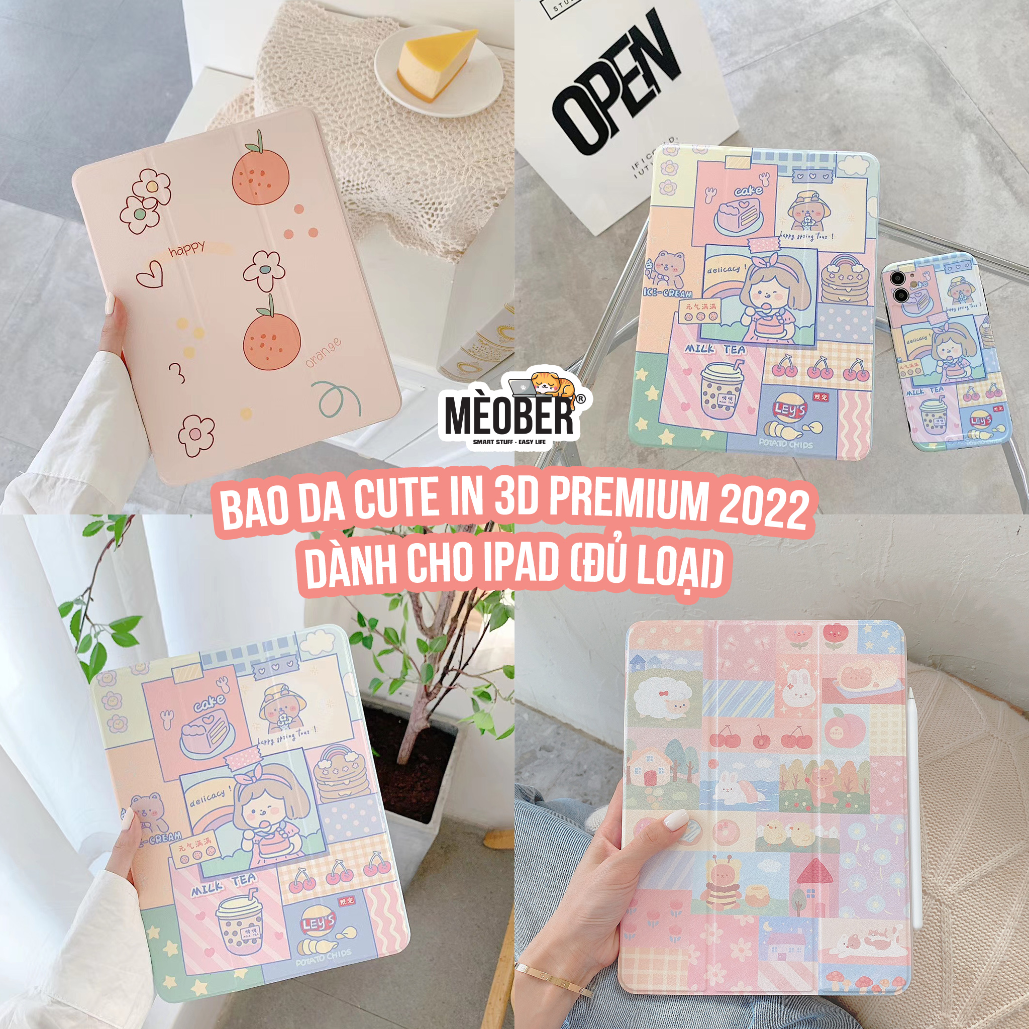 [Premium] Bao da cover iPad hoạ tiết cute, phối màu pastel, in 3D hoạ tiết nổi & chống ố. Cover iPad Gen 5 6 7 8, Mini, Air 4 3, Pro 11