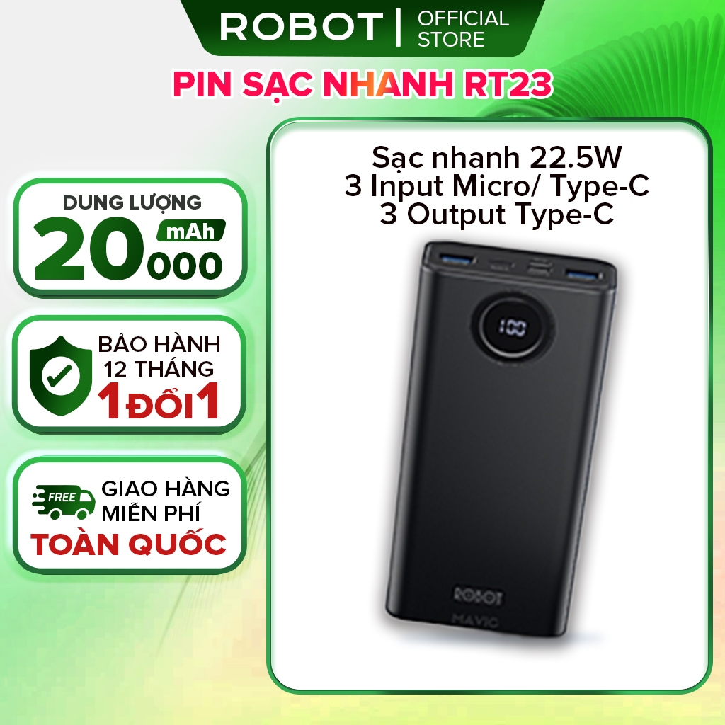 Pin dự phòng ROBOT RT22 RT23 dung lượng cao 20000mAh cục sạc led hiển thị pin nhỏ gọn 2 cổng sạc vào 2 cổng sạc ra