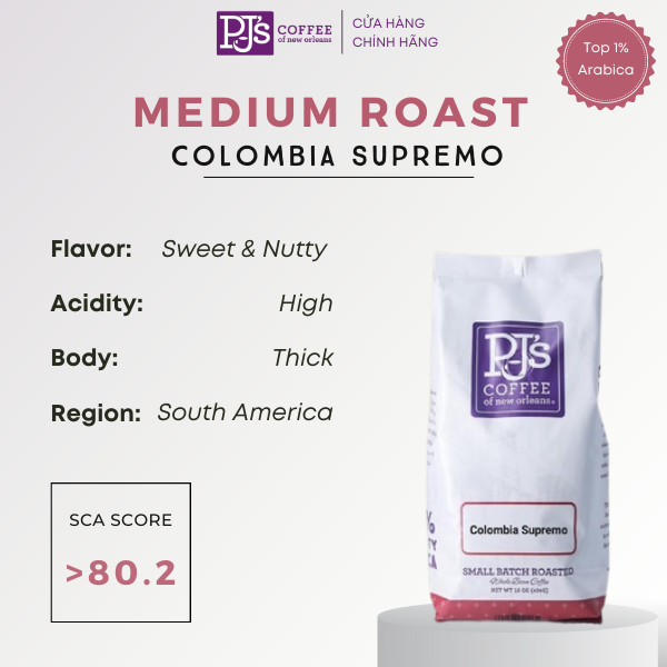 Colombia supremo rang vừa - pj’s coffee cà phê arabica nguyên chất - gói 200/454g