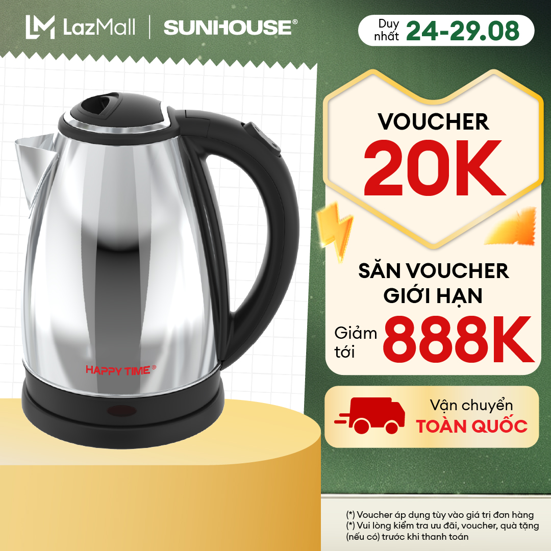 Ấm đun siêu tốc 1.5L Happy Time HTD1055 - Tự động tắt khi sôi - Chất liệu Inox cao cấp - Tay cầm nhựa siêu bền chống nóng - Hàng chính hãng bảo hành 12 tháng