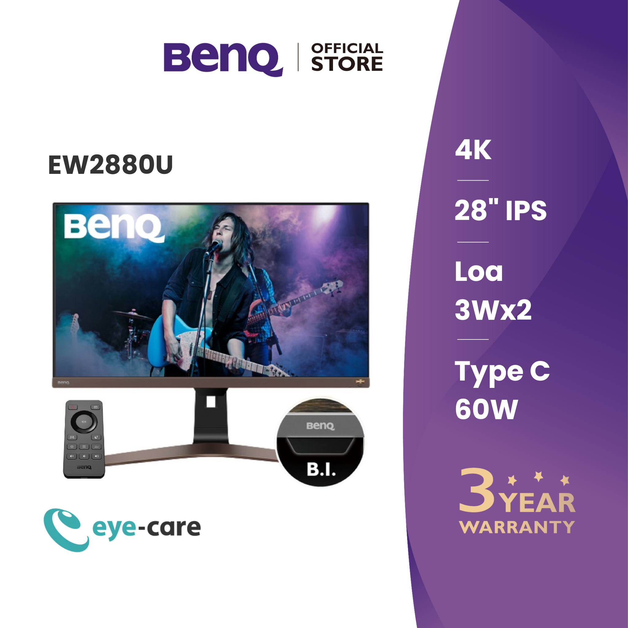 Màn hình máy tính benq ew2880u _ 28" 4k uhd hdri ips usb type c tích hợp loa công nghệ bảo vệ mắt cho xem phim giải trí