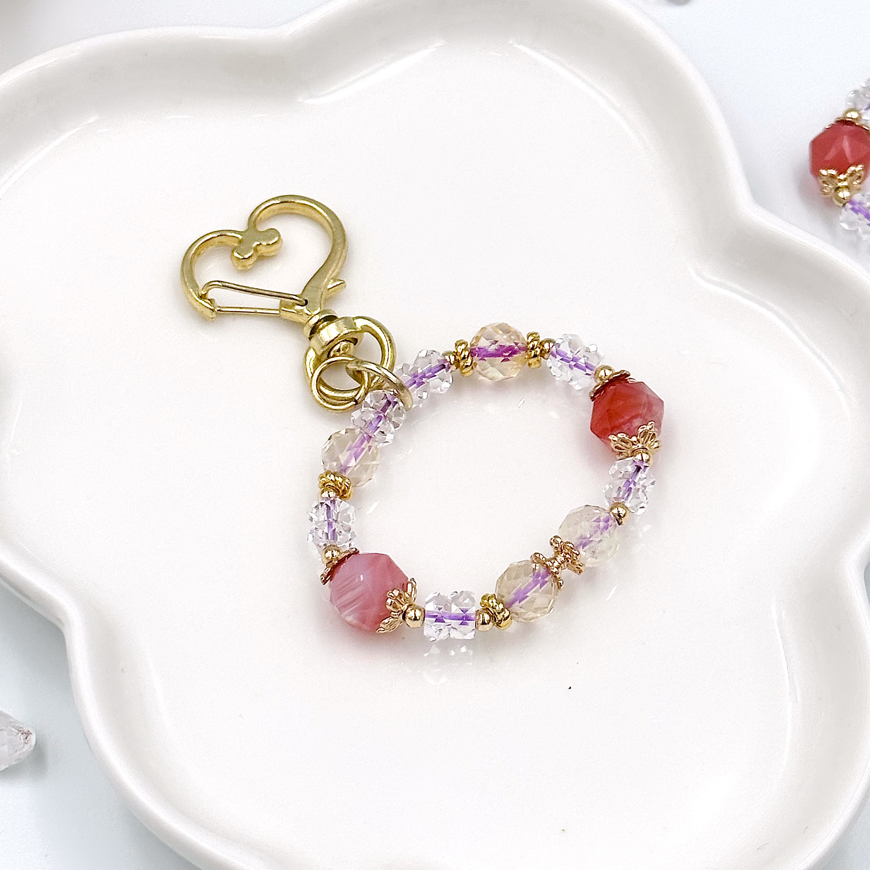 Crz bag charm - phụ kiện - faceted yan yuan agate w rose quartz - móc khóa vòng tay đá mã não và thạch anh hồng