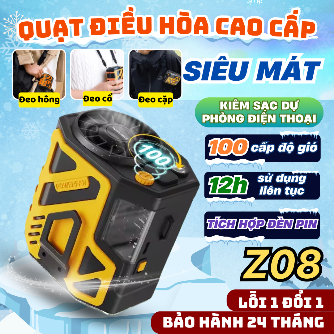 Quạt Đeo Hông Quạt Điều Hòa Tích Điện Kiêm Sạc Dự Phòng Chính Hãng Z08 10000mAh, 12H, 100 Cấp Độ Gió, Quạt Mini Sạc Dự Phòng