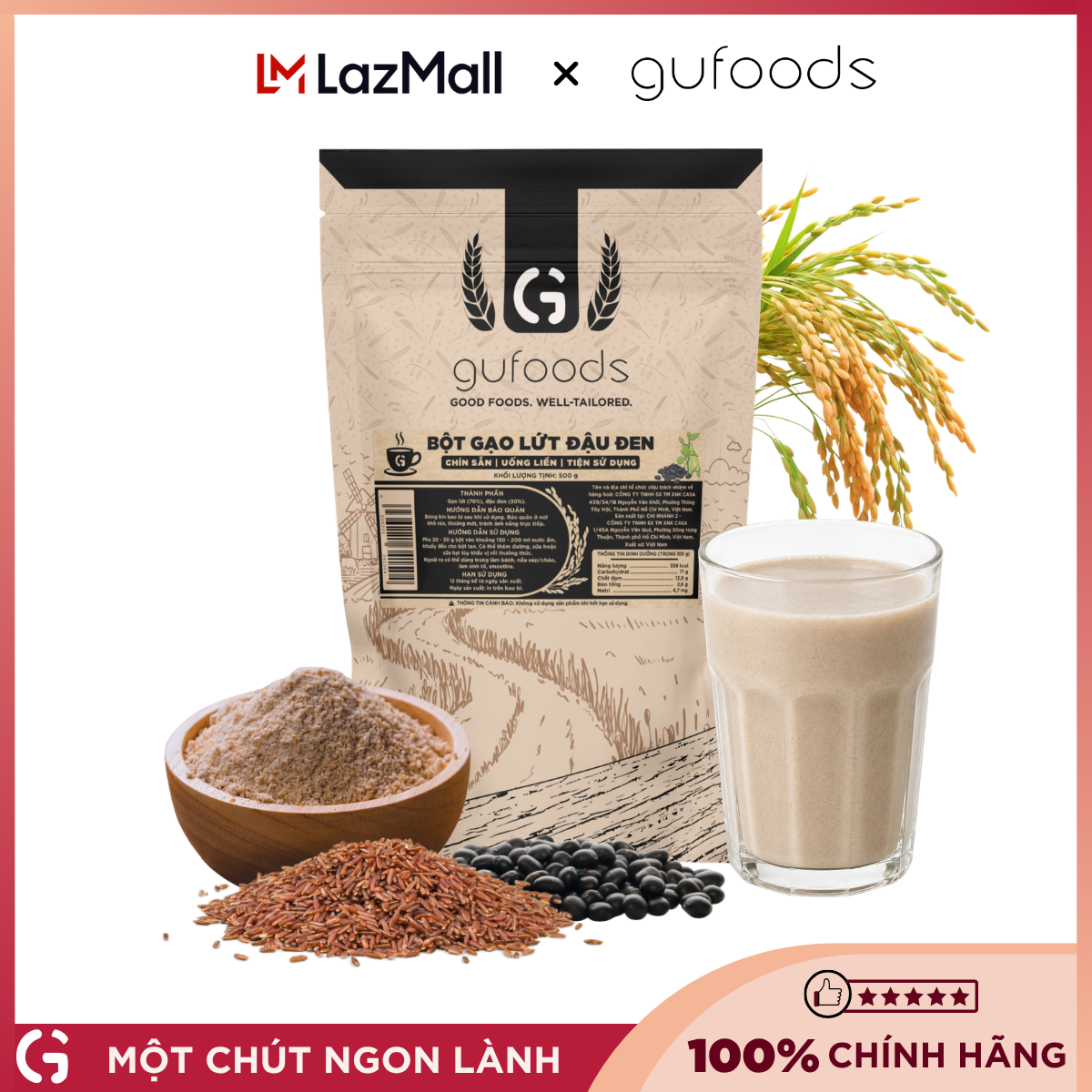 Bột gạo lứt đậu đen GUfoods - Chín sẵn, Uống liền, Dễ tiêu hoá, Healthy, Tiện lợi, Phù hợp Eat clean, Thực dưỡng, Thuần chay (25g / túi zip 500g)