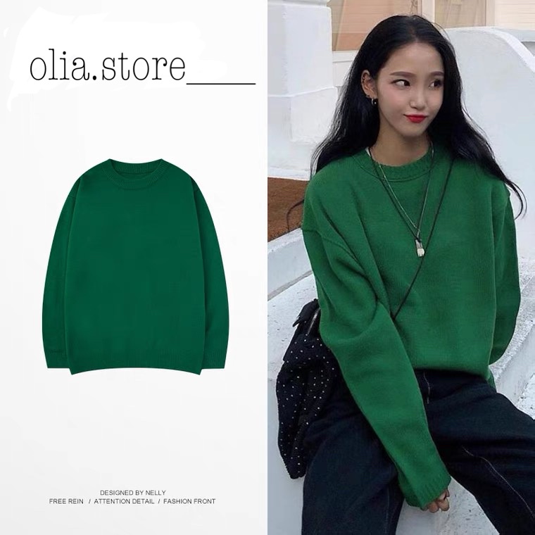 Áo sweater len basic trơn màu xanh lá olia