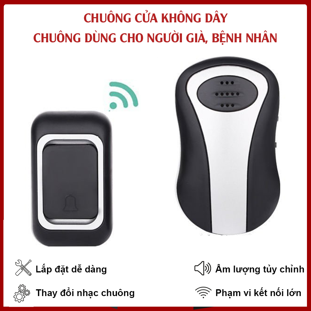 Chuông Cửa Không Dây, Chuông Báo Dành Cho Người Già, Bệnh Nhân. Không Cần Lắp Đặt - Phạm Vi Kết Nối Lớn - Có Thể Tùy Chỉnh Âm Lượng, Nhạc Chuông Theo Ý. Bảo Hành Toàn Quốc!