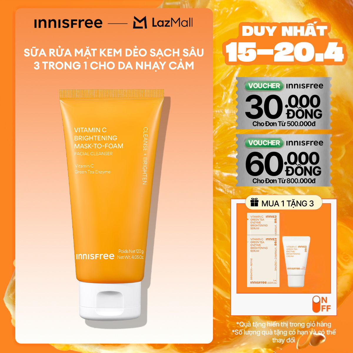 Sữa rửa mặt kem dẻo sạch sâu sáng da dịu nhẹ INNISFREE Vitamin C Brightening Mask-To-Foam Facial Cleanser 120g