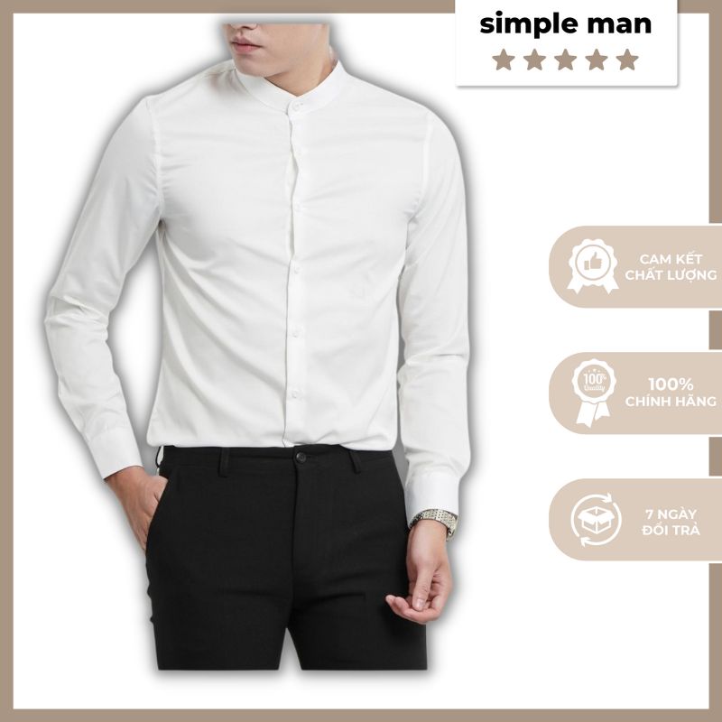 Áo sơ mi nam dài tay dáng ôm, cổ tàu (trắng, đen) cao cấp phong cách Hàn Quốc