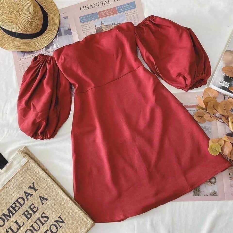 ĐẦM ĐỎ CÚP NGỰC RỚT VAI TAY PHỒNG